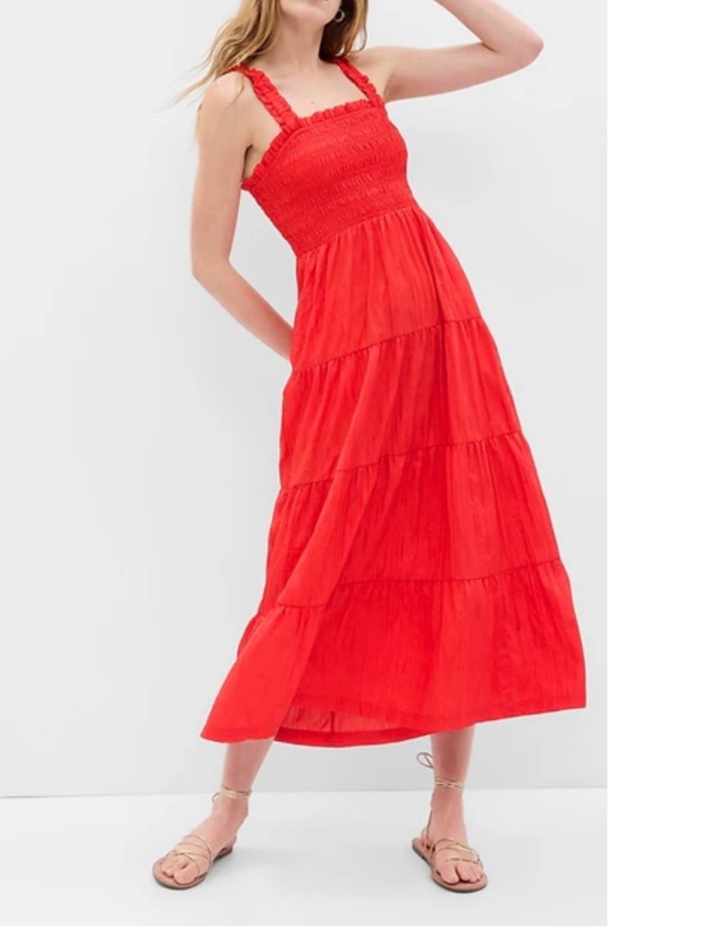 Gap red smocked tiered seam midi dress